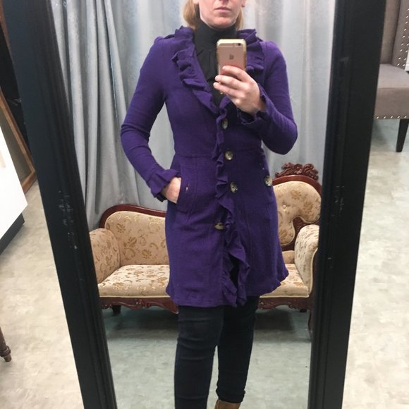 LUII Wool Purple Ruffle Front Jacket Coat Sweater - Picture 5 of 16